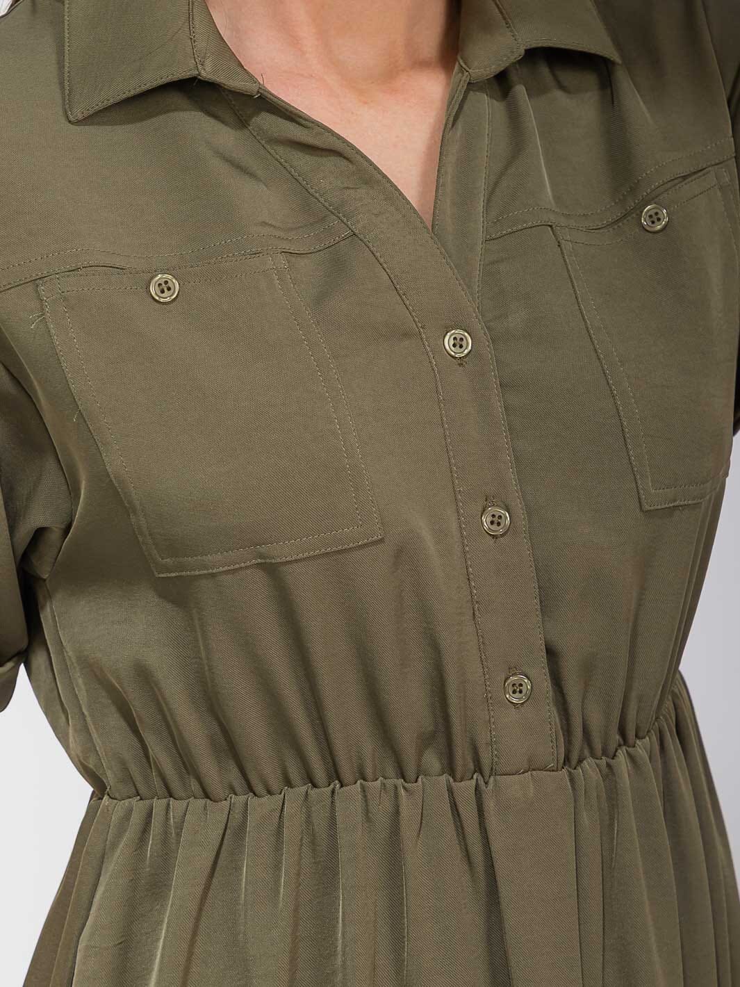 WOMEN'S SHORT SLEEVE BUTTON UP ELASTIC WAIST FRONT POCKETS MAXI DRESS