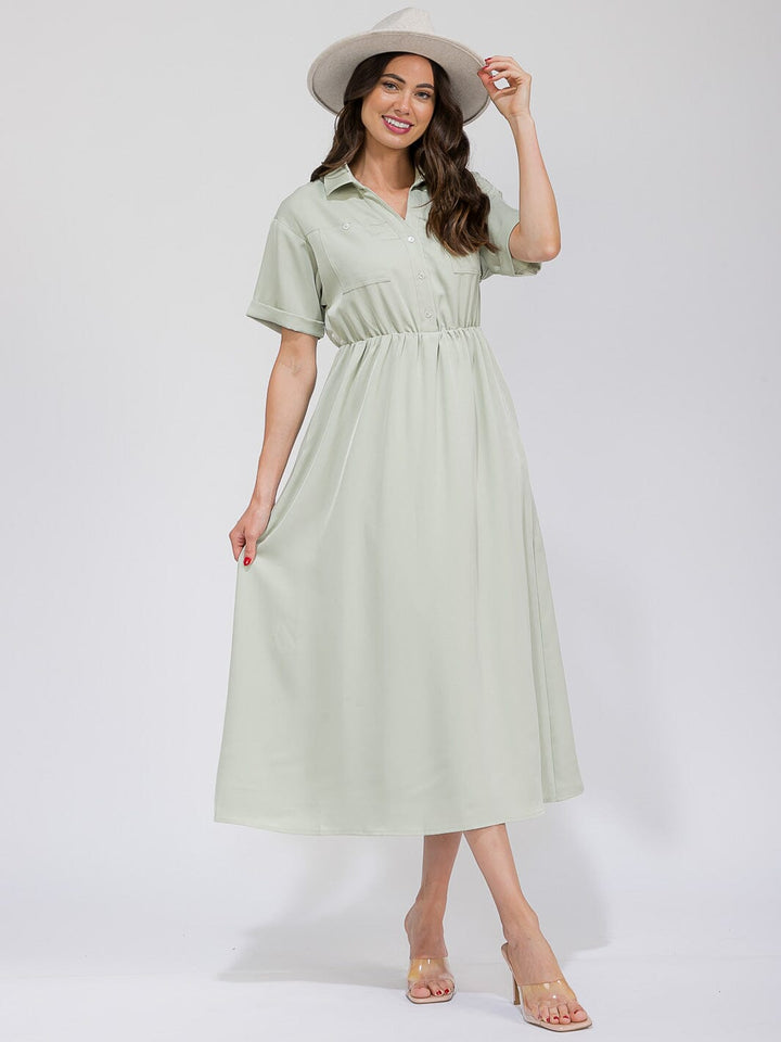 WOMEN'S SHORT SLEEVE BUTTON UP ELASTIC WAIST FRONT POCKETS MAXI DRESS