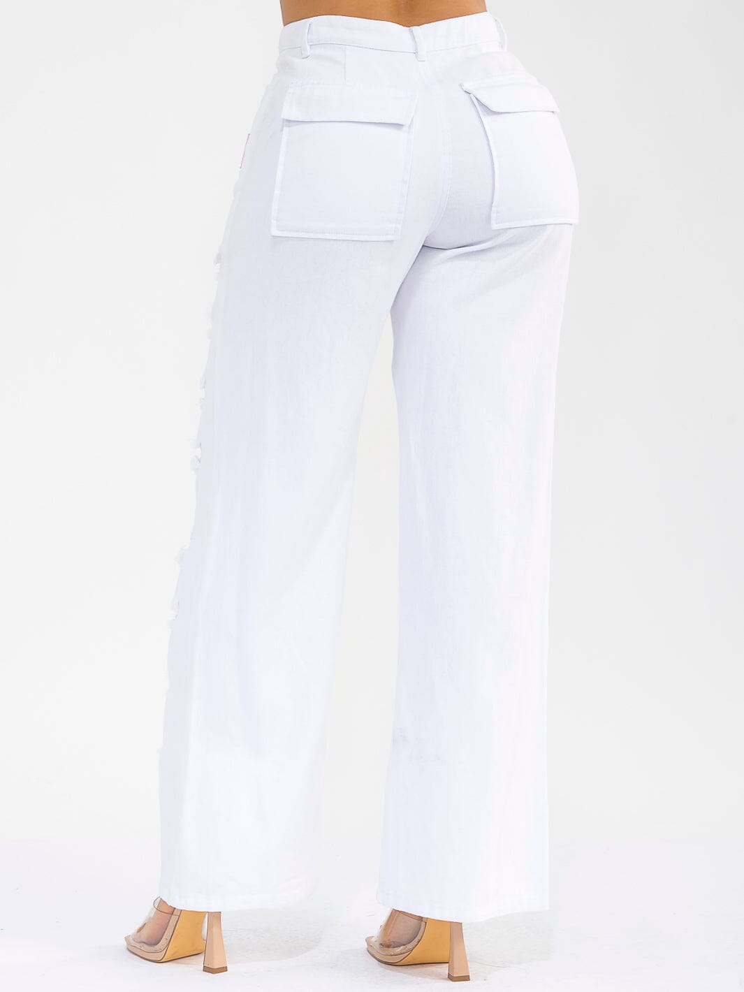 WOMEN'S BUTTON CLOSURE POCKETS DENIM GRAPHIC DISTRESS WIDE LEG PANTS