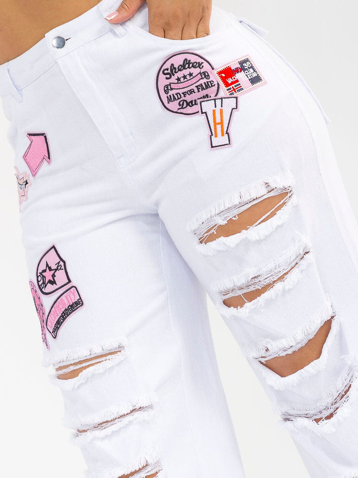 WOMEN'S BUTTON CLOSURE POCKETS DENIM GRAPHIC DISTRESS WIDE LEG PANTS