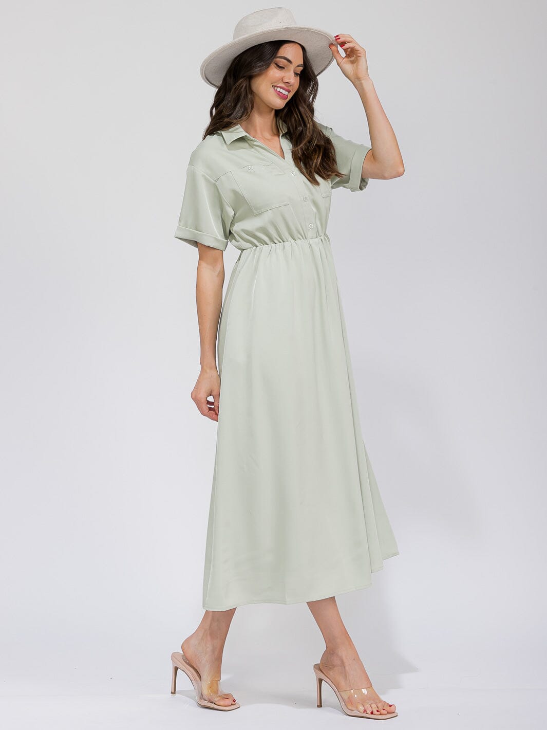 WOMEN'S SHORT SLEEVE BUTTON UP ELASTIC WAIST FRONT POCKETS MAXI DRESS