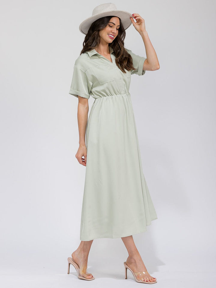 WOMEN'S SHORT SLEEVE BUTTON UP ELASTIC WAIST FRONT POCKETS MAXI DRESS