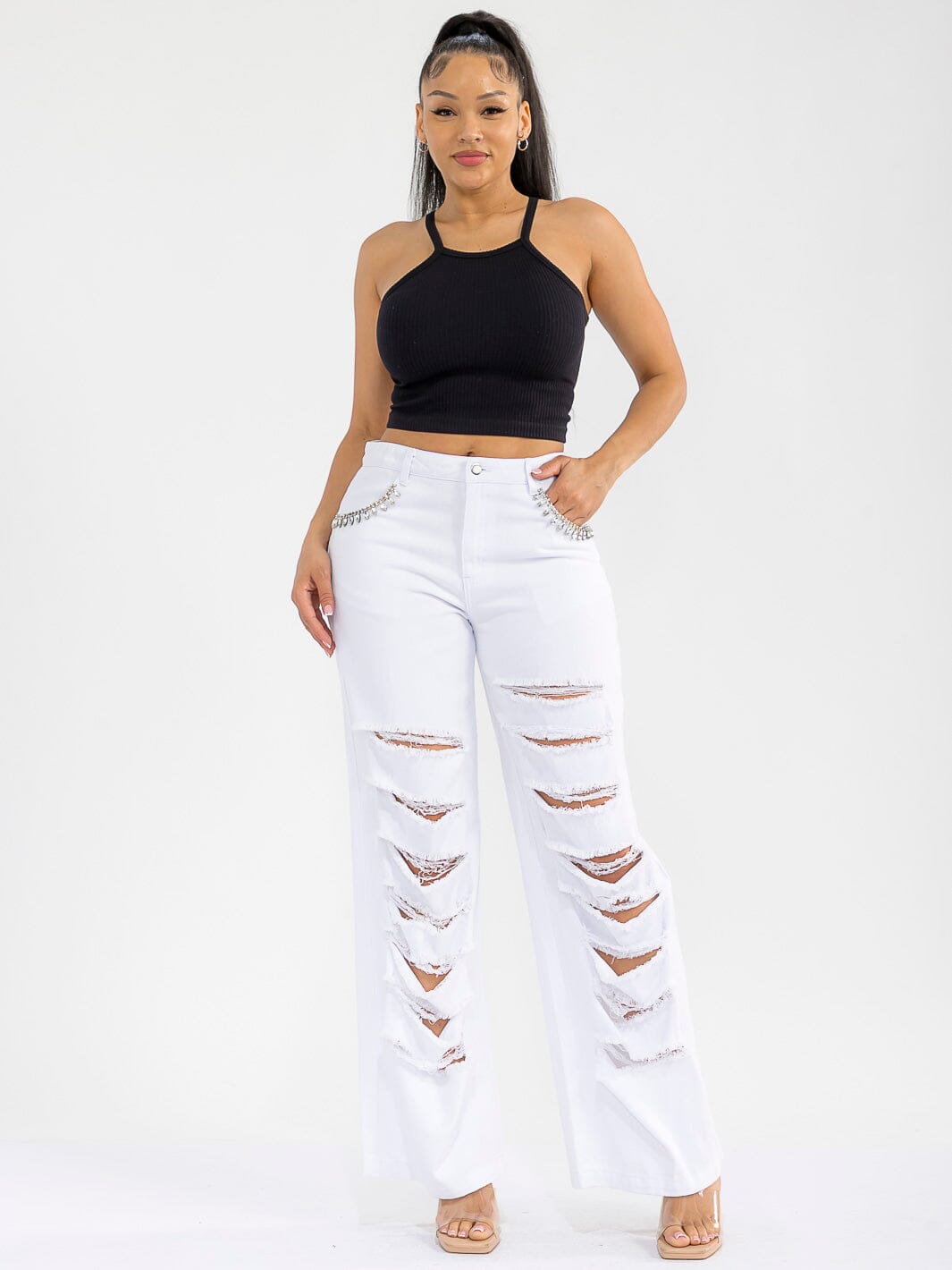 WOMEN'S BUTTON CLOSURE POCKETS DISTRESS DENIM WIDE LEG PANTS