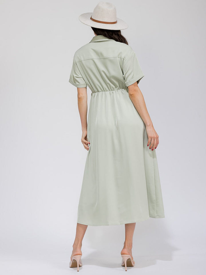 WOMEN'S SHORT SLEEVE BUTTON UP ELASTIC WAIST FRONT POCKETS MAXI DRESS