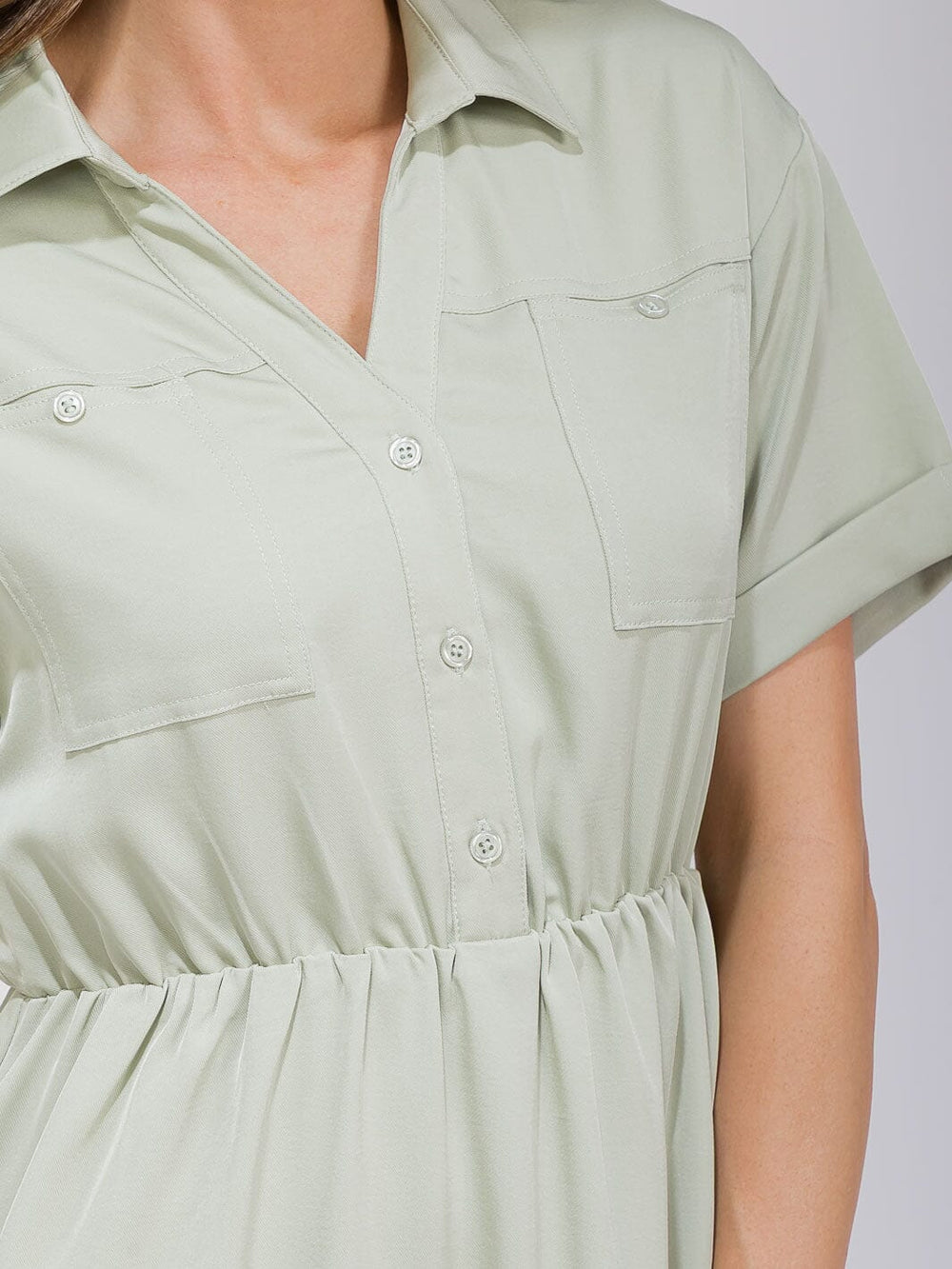 WOMEN'S SHORT SLEEVE BUTTON UP ELASTIC WAIST FRONT POCKETS MAXI DRESS