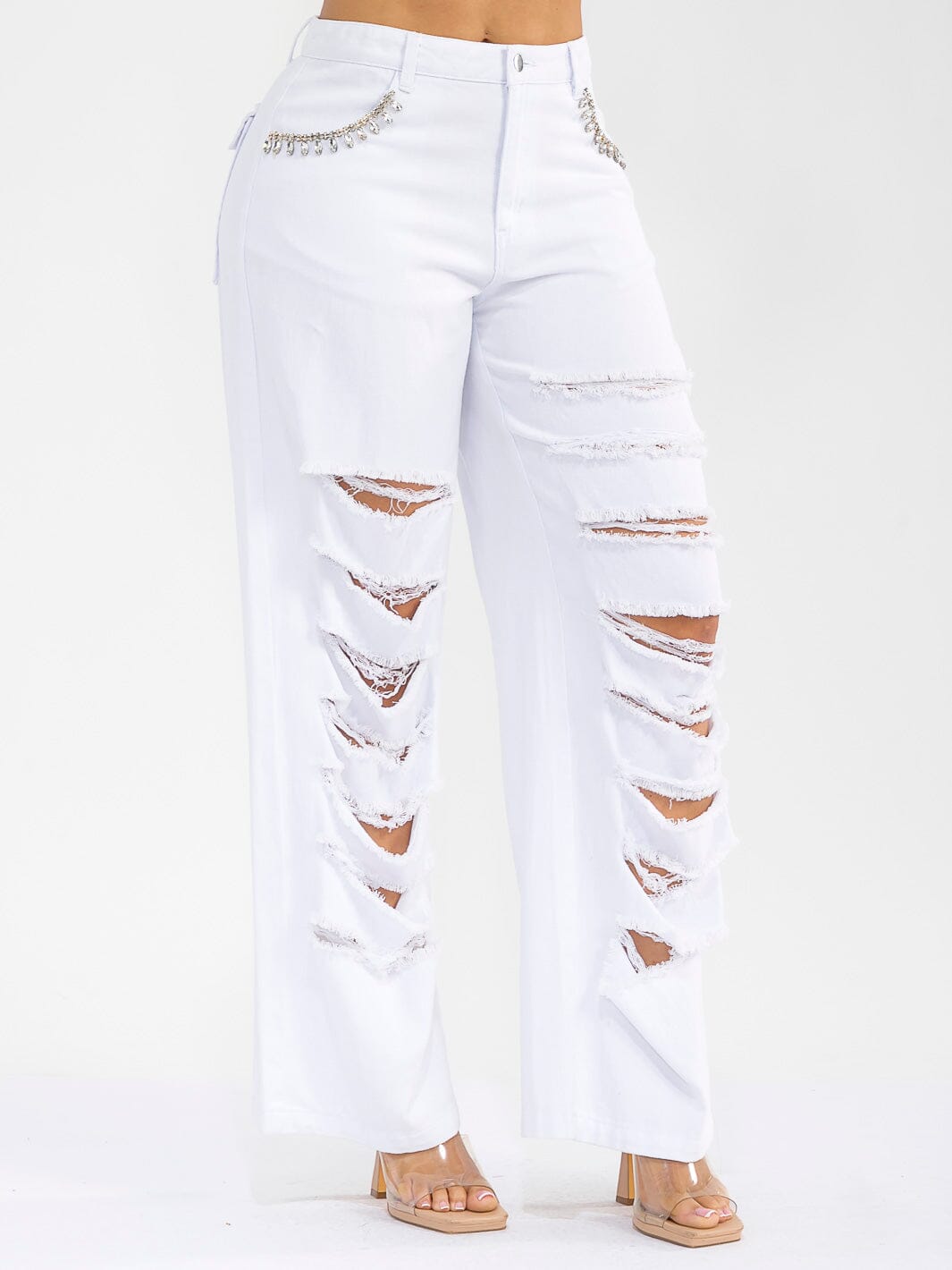 WOMEN'S BUTTON CLOSURE POCKETS DISTRESS DENIM WIDE LEG PANTS