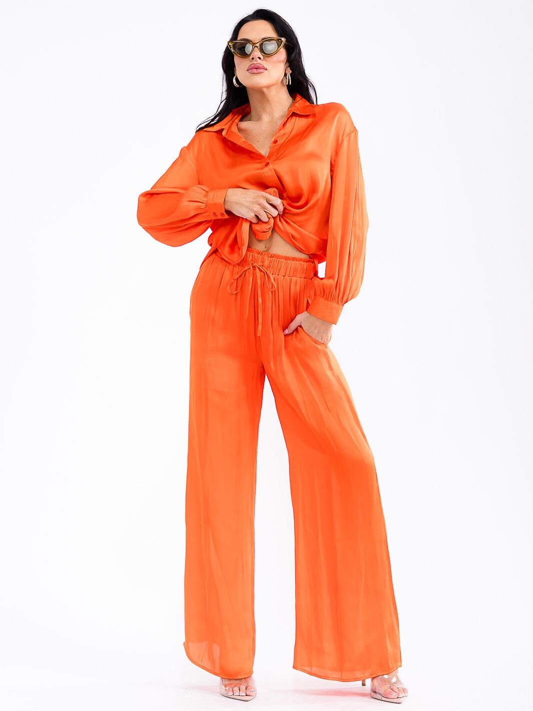 WOMEN'S ELASTIC WAIST FRONT POCKETS WIDE LEG PANTS