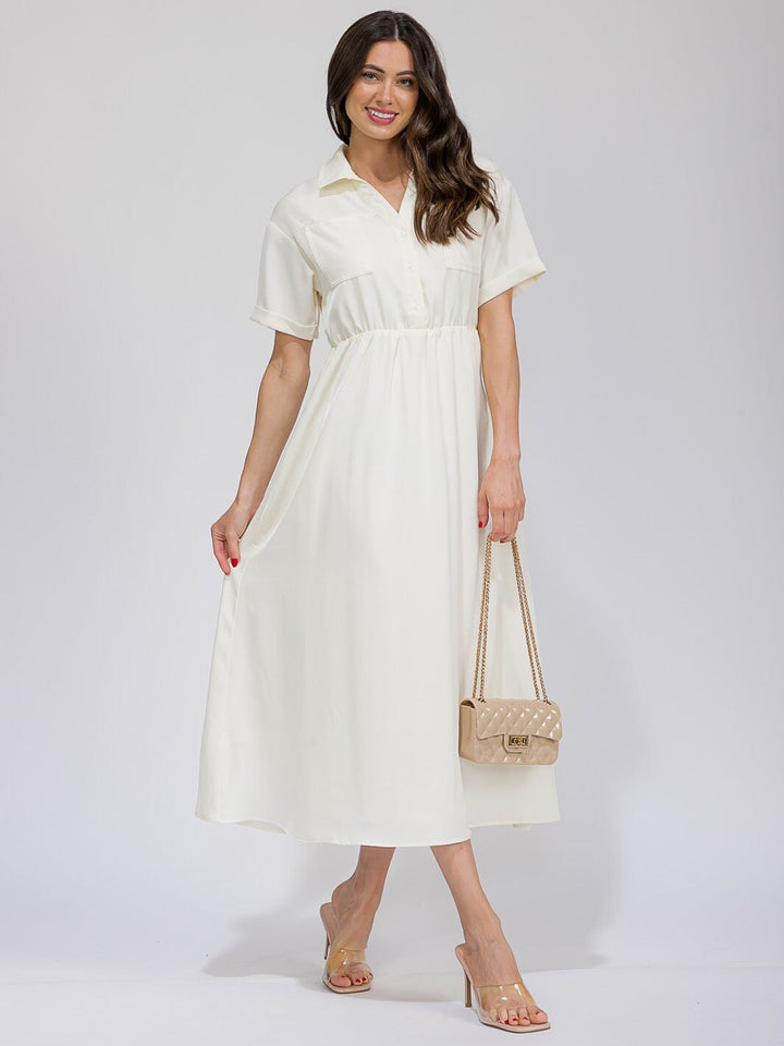 WOMEN'S SHORT SLEEVE BUTTON UP ELASTIC WAIST FRONT POCKETS MAXI DRESS
