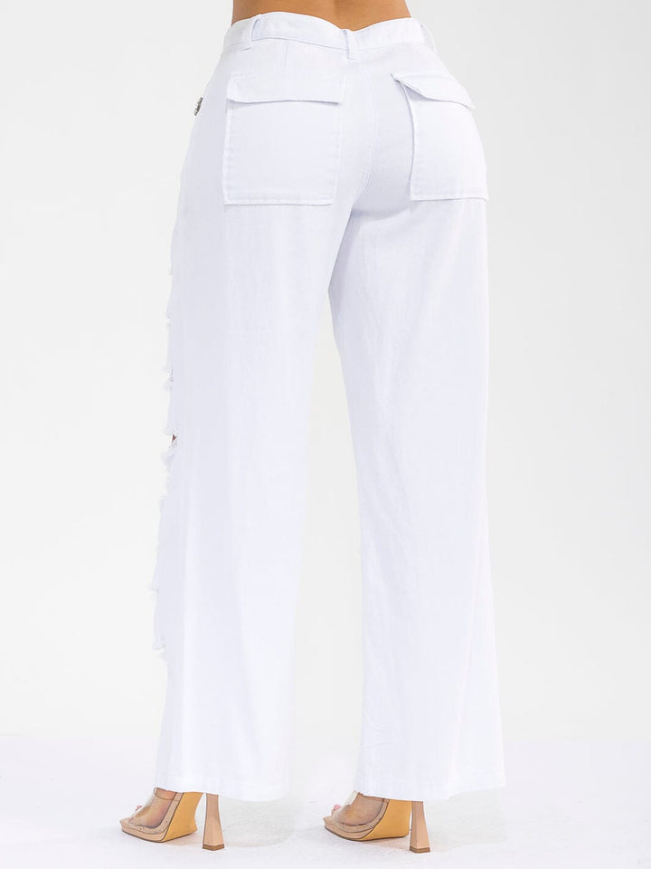 WOMEN'S BUTTON CLOSURE POCKETS DISTRESS DENIM WIDE LEG PANTS