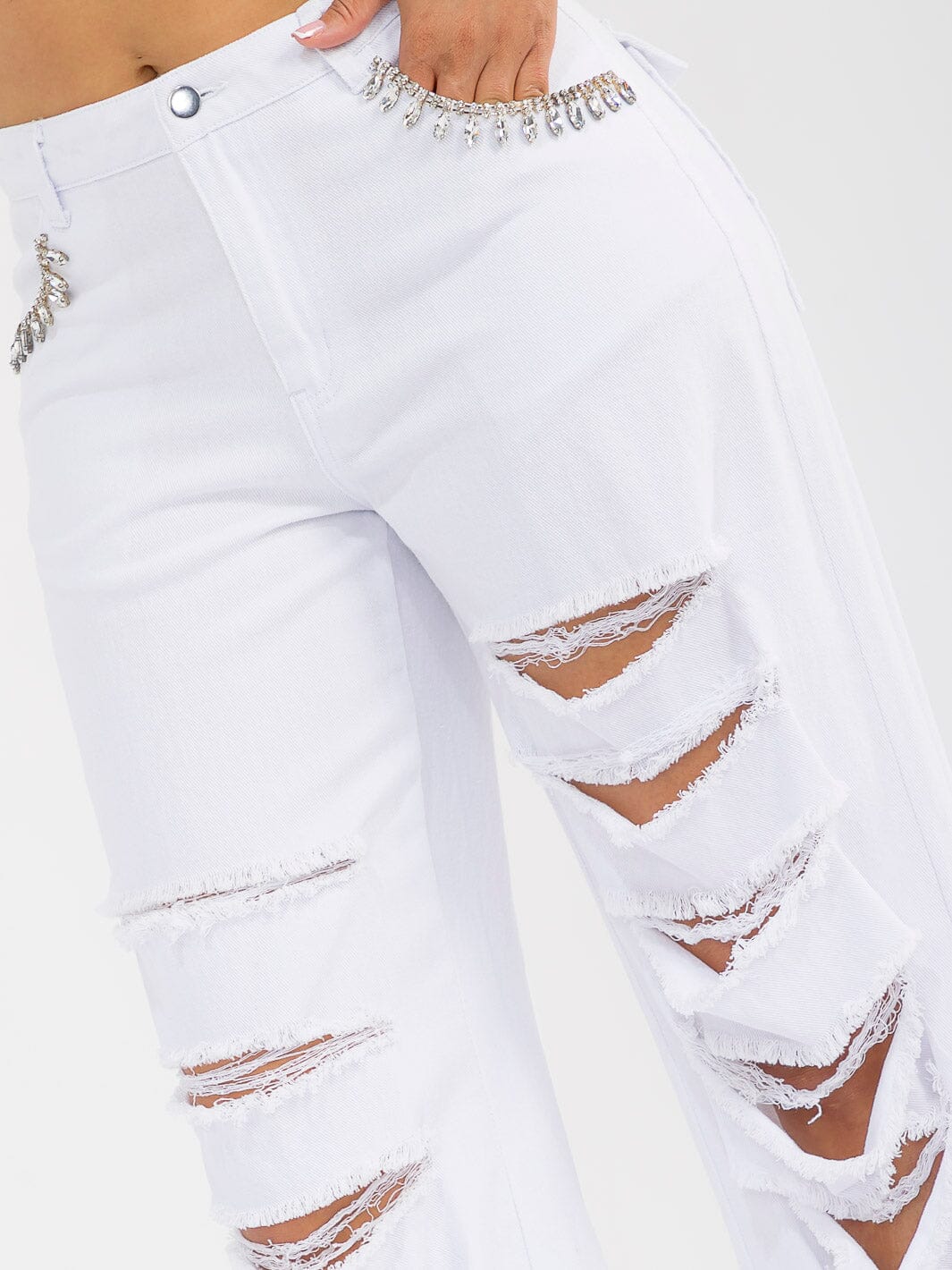 WOMEN'S BUTTON CLOSURE POCKETS DISTRESS DENIM WIDE LEG PANTS