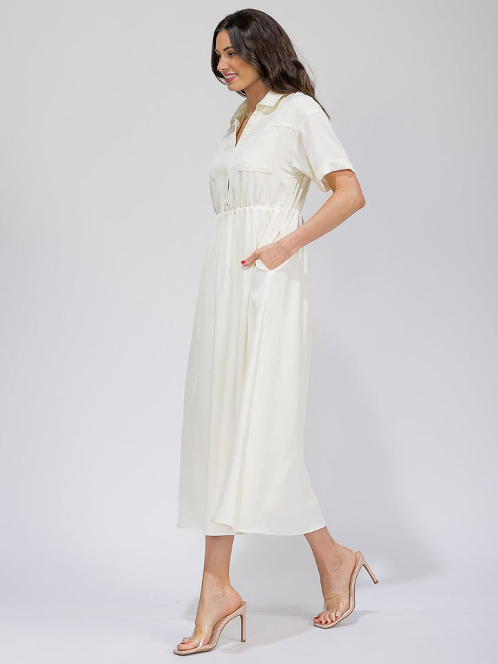WOMEN'S SHORT SLEEVE BUTTON UP ELASTIC WAIST FRONT POCKETS MAXI DRESS