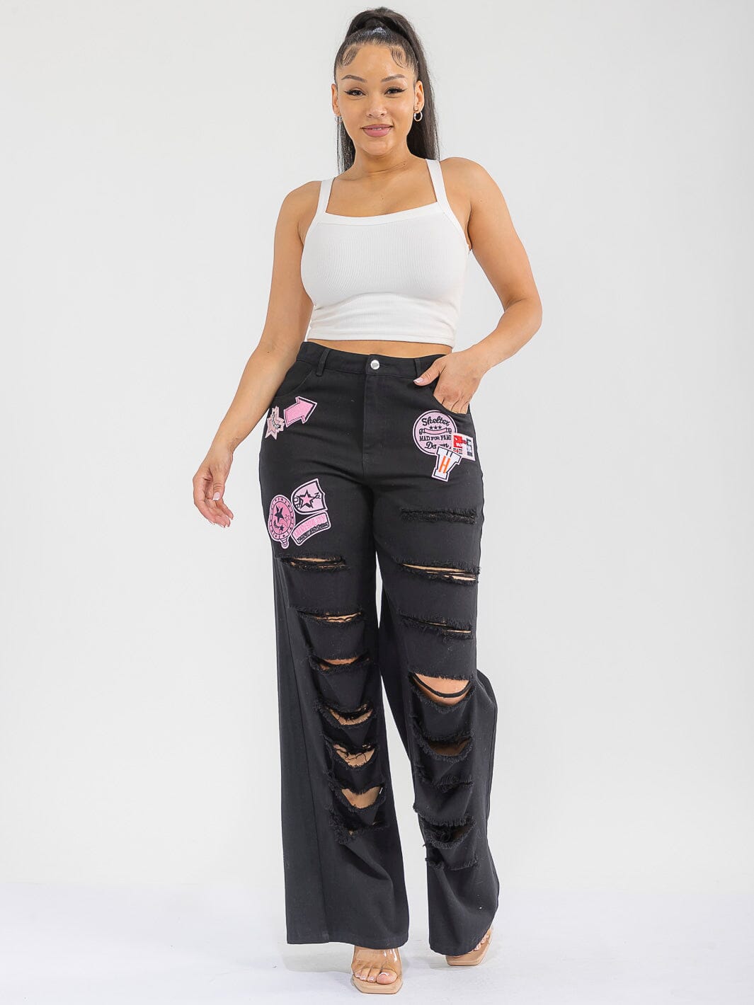 WOMEN'S BUTTON CLOSURE POCKETS DENIM GRAPHIC DISTRESS WIDE LEG PANTS