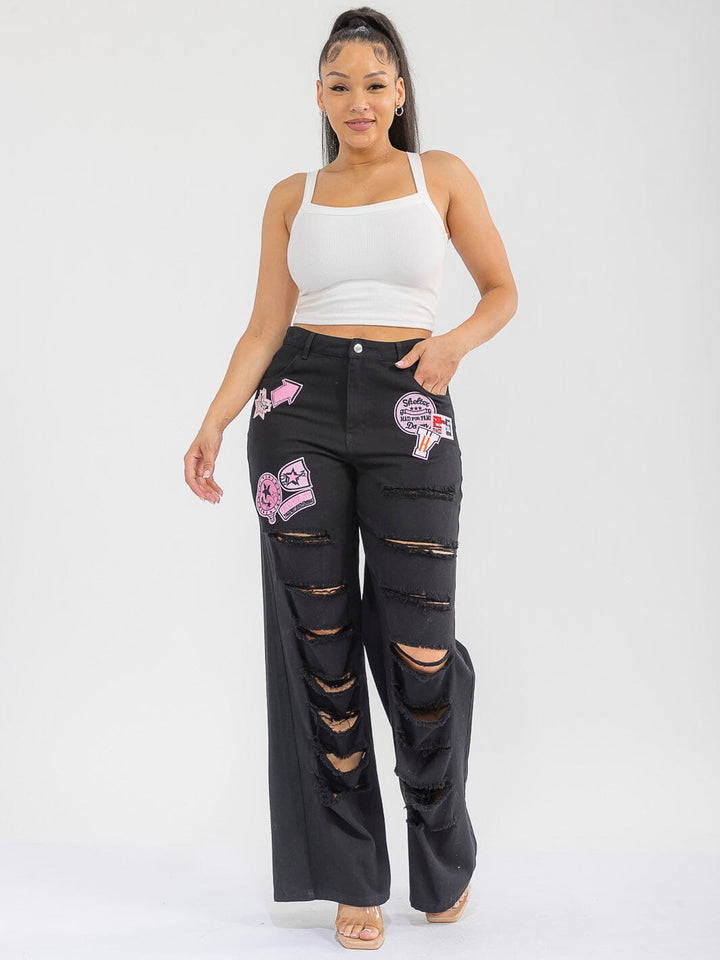 WOMEN'S BUTTON CLOSURE POCKETS DENIM GRAPHIC DISTRESS WIDE LEG PANTS