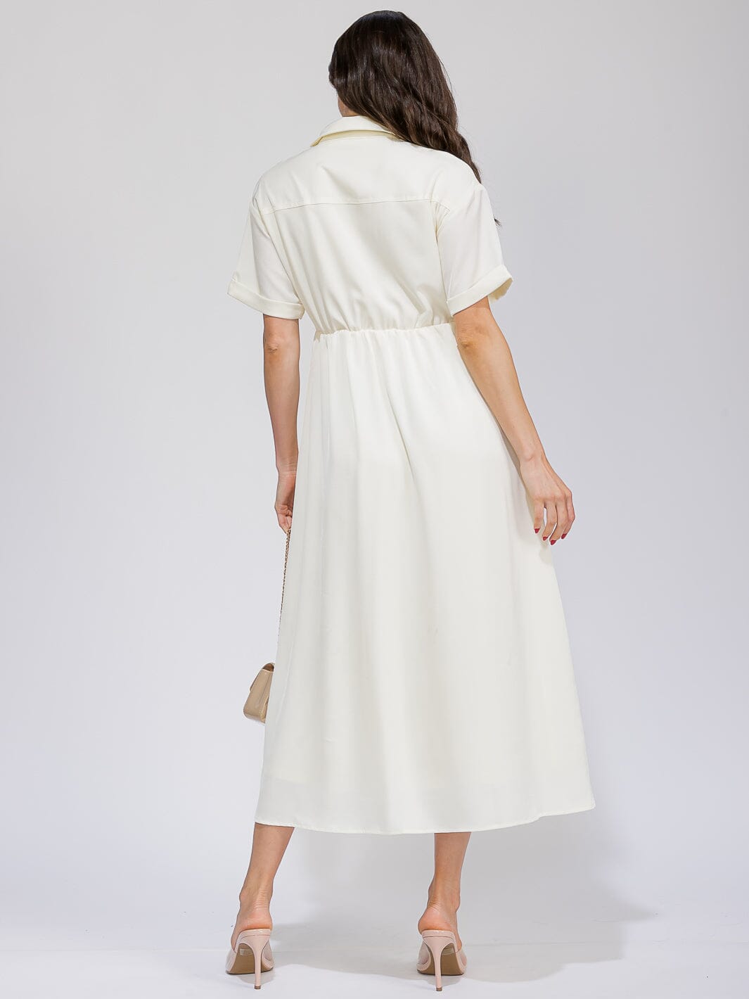 WOMEN'S SHORT SLEEVE BUTTON UP ELASTIC WAIST FRONT POCKETS MAXI DRESS