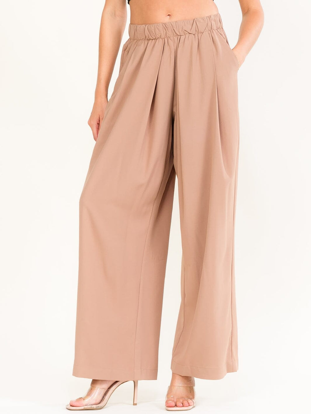 WOMEN'S ELASTIC WAIST FRONT POCKETS WIDE LEG PANTS