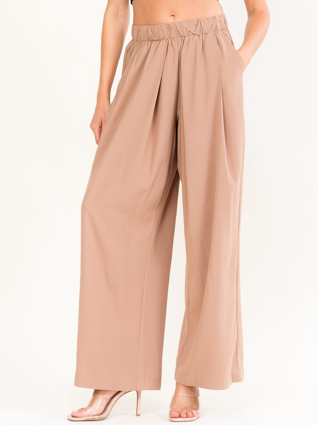WOMEN'S ELASTIC WAIST FRONT POCKETS WIDE LEG PANTS
