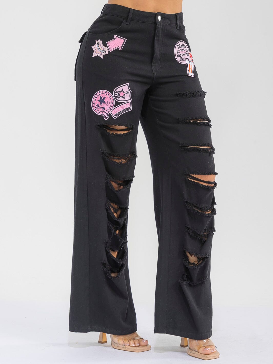 WOMEN'S BUTTON CLOSURE POCKETS DENIM GRAPHIC DISTRESS WIDE LEG PANTS