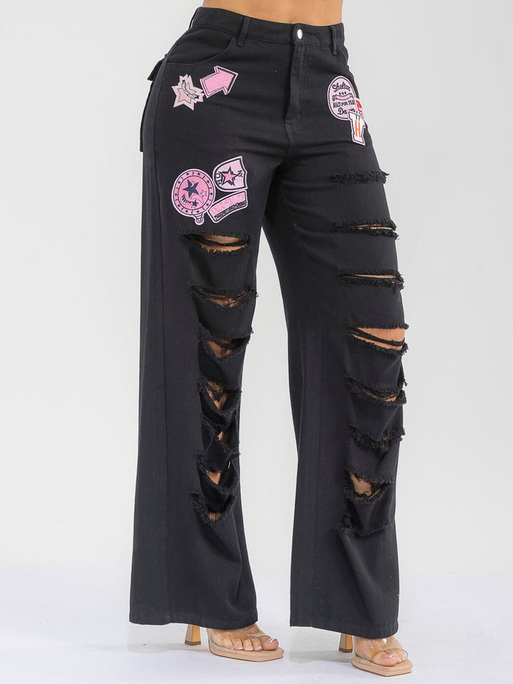 WOMEN'S BUTTON CLOSURE POCKETS DENIM GRAPHIC DISTRESS WIDE LEG PANTS