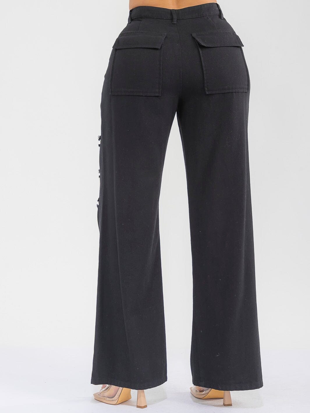 WOMEN'S BUTTON CLOSURE POCKETS DENIM GRAPHIC DISTRESS WIDE LEG PANTS