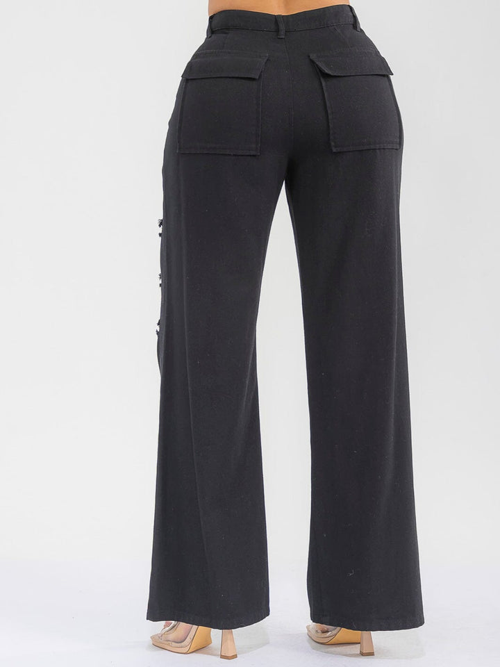 WOMEN'S BUTTON CLOSURE POCKETS DENIM GRAPHIC DISTRESS WIDE LEG PANTS