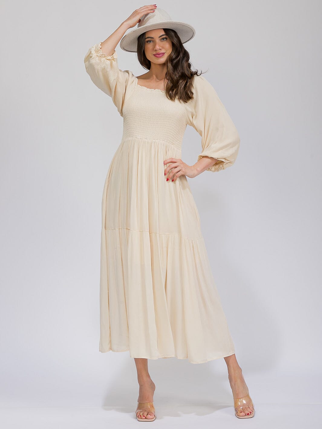 WOMEN'S 3/4 SLEEVES SMOCK TIERED MAXI DRESS