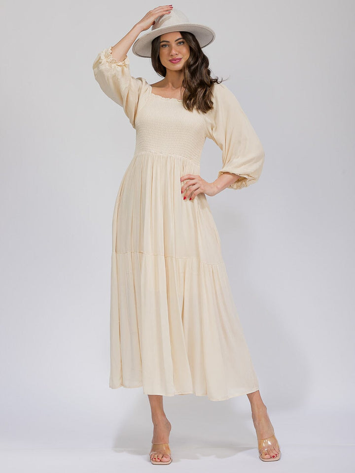 WOMEN'S 3/4 SLEEVES SMOCK TIERED MAXI DRESS