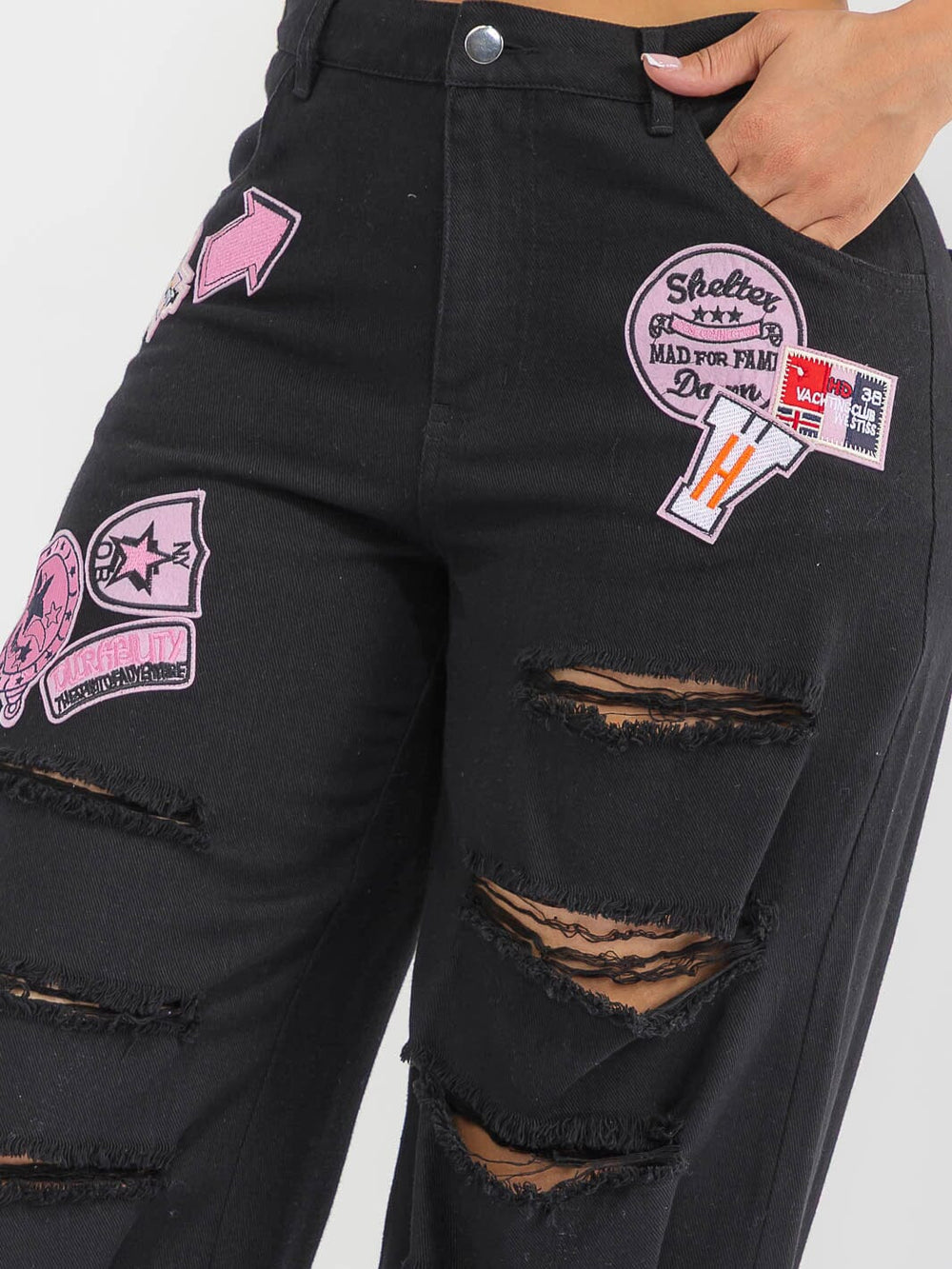 WOMEN'S BUTTON CLOSURE POCKETS DENIM GRAPHIC DISTRESS WIDE LEG PANTS