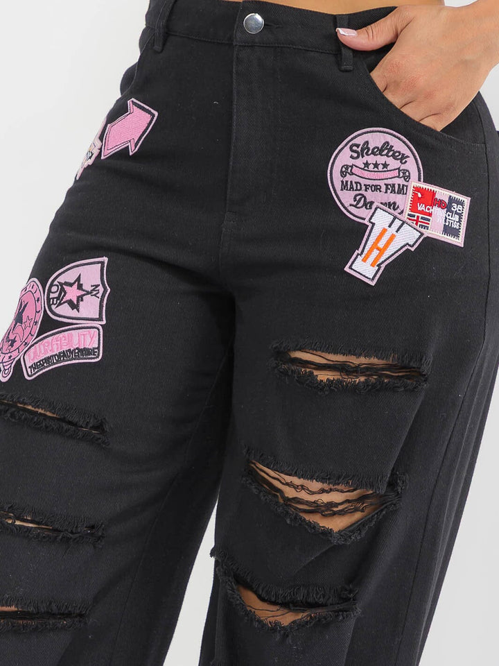 WOMEN'S BUTTON CLOSURE POCKETS DENIM GRAPHIC DISTRESS WIDE LEG PANTS