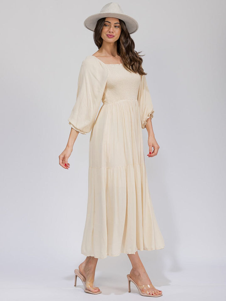 WOMEN'S 3/4 SLEEVES SMOCK TIERED MAXI DRESS