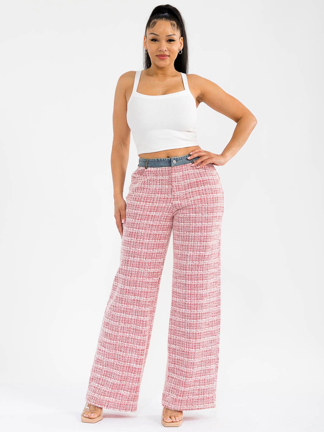 WOMEN'S BUTTON CLOSURE POCKETS DENIM TWEED CONTRAST WIDE LEG PANTS