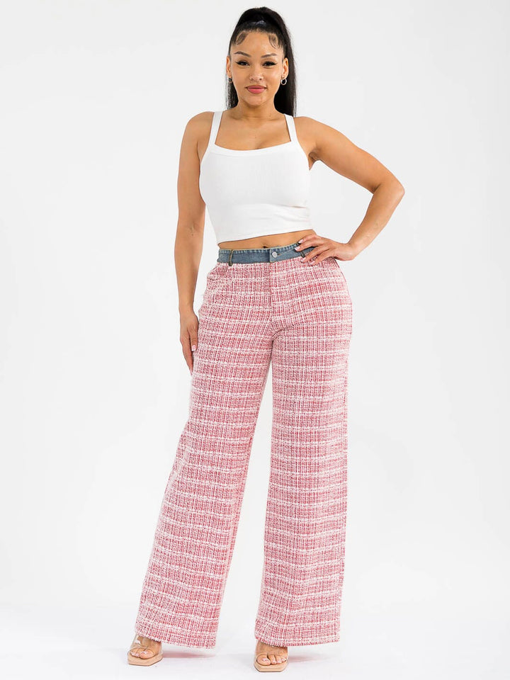 WOMEN'S BUTTON CLOSURE POCKETS DENIM TWEED CONTRAST WIDE LEG PANTS