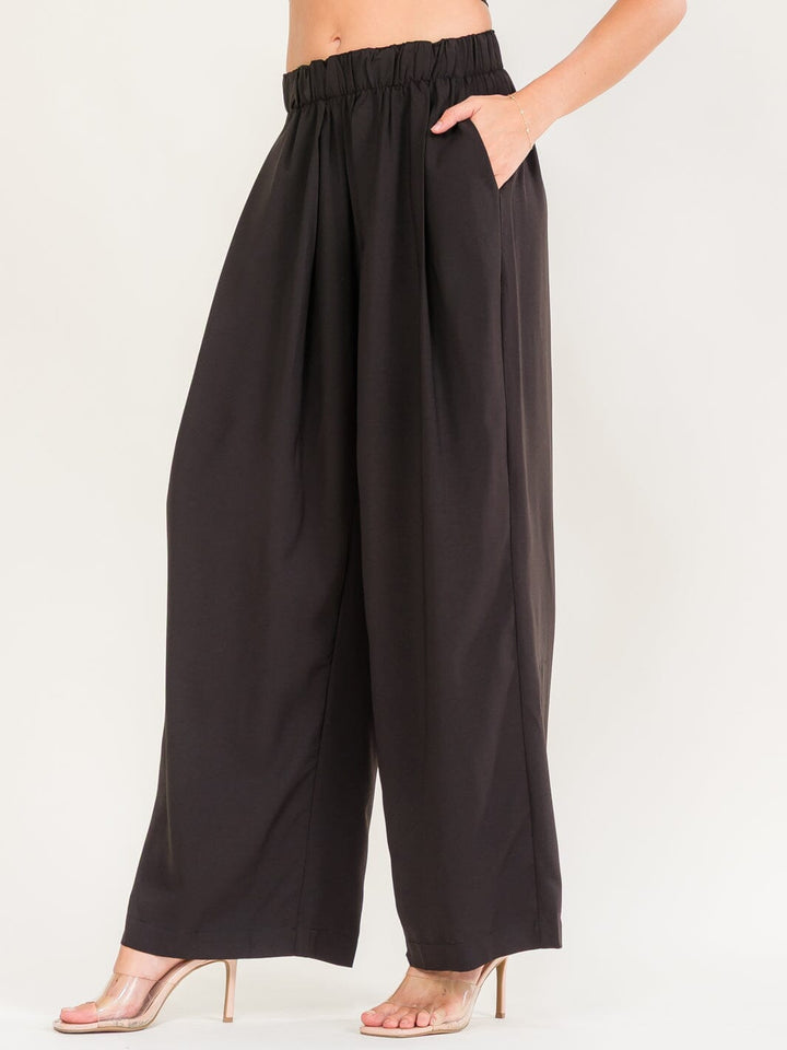 WOMEN'S ELASTIC WAIST FRONT POCKETS WIDE LEG PANTS