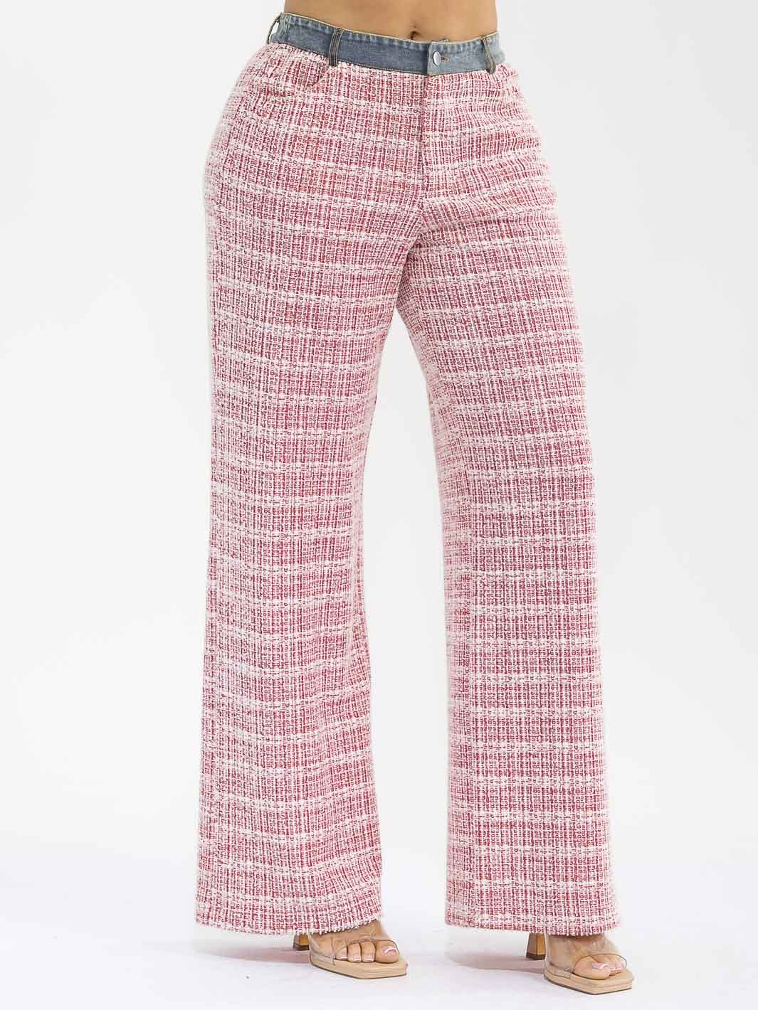 WOMEN'S BUTTON CLOSURE POCKETS DENIM TWEED CONTRAST WIDE LEG PANTS