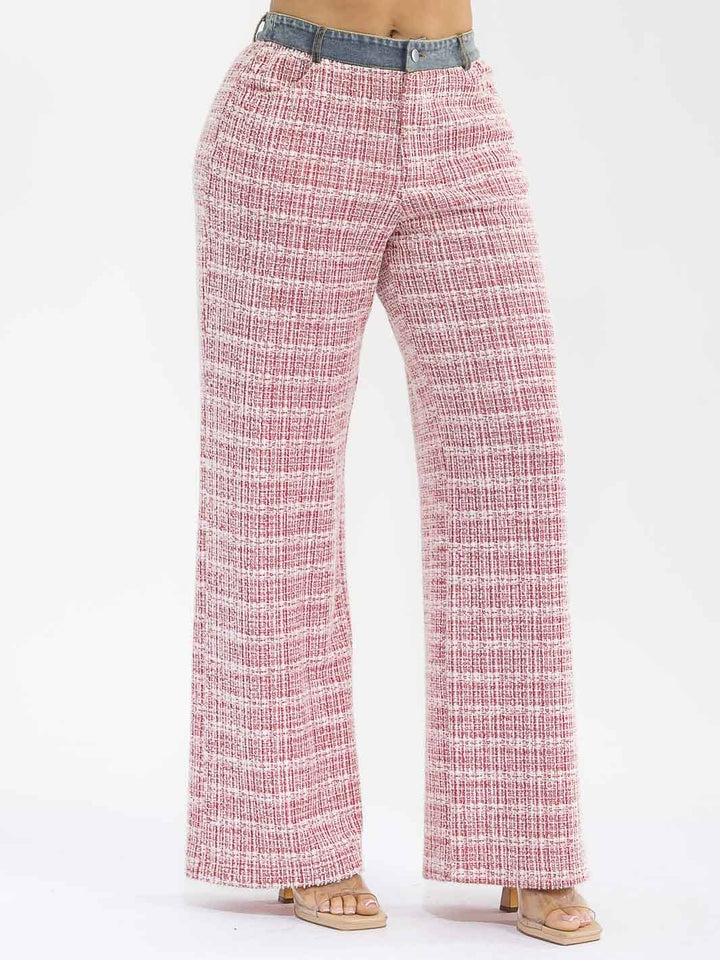 WOMEN'S BUTTON CLOSURE POCKETS DENIM TWEED CONTRAST WIDE LEG PANTS
