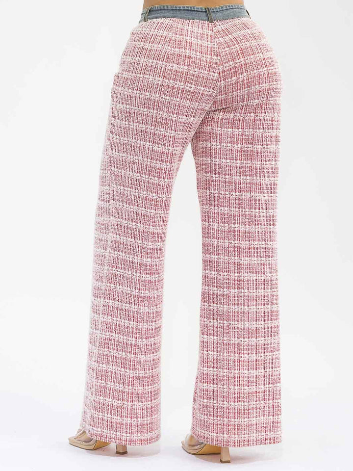 WOMEN'S BUTTON CLOSURE POCKETS DENIM TWEED CONTRAST WIDE LEG PANTS