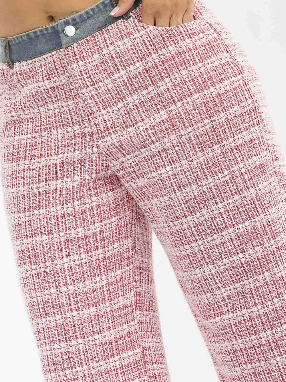 WOMEN'S BUTTON CLOSURE POCKETS DENIM TWEED CONTRAST WIDE LEG PANTS