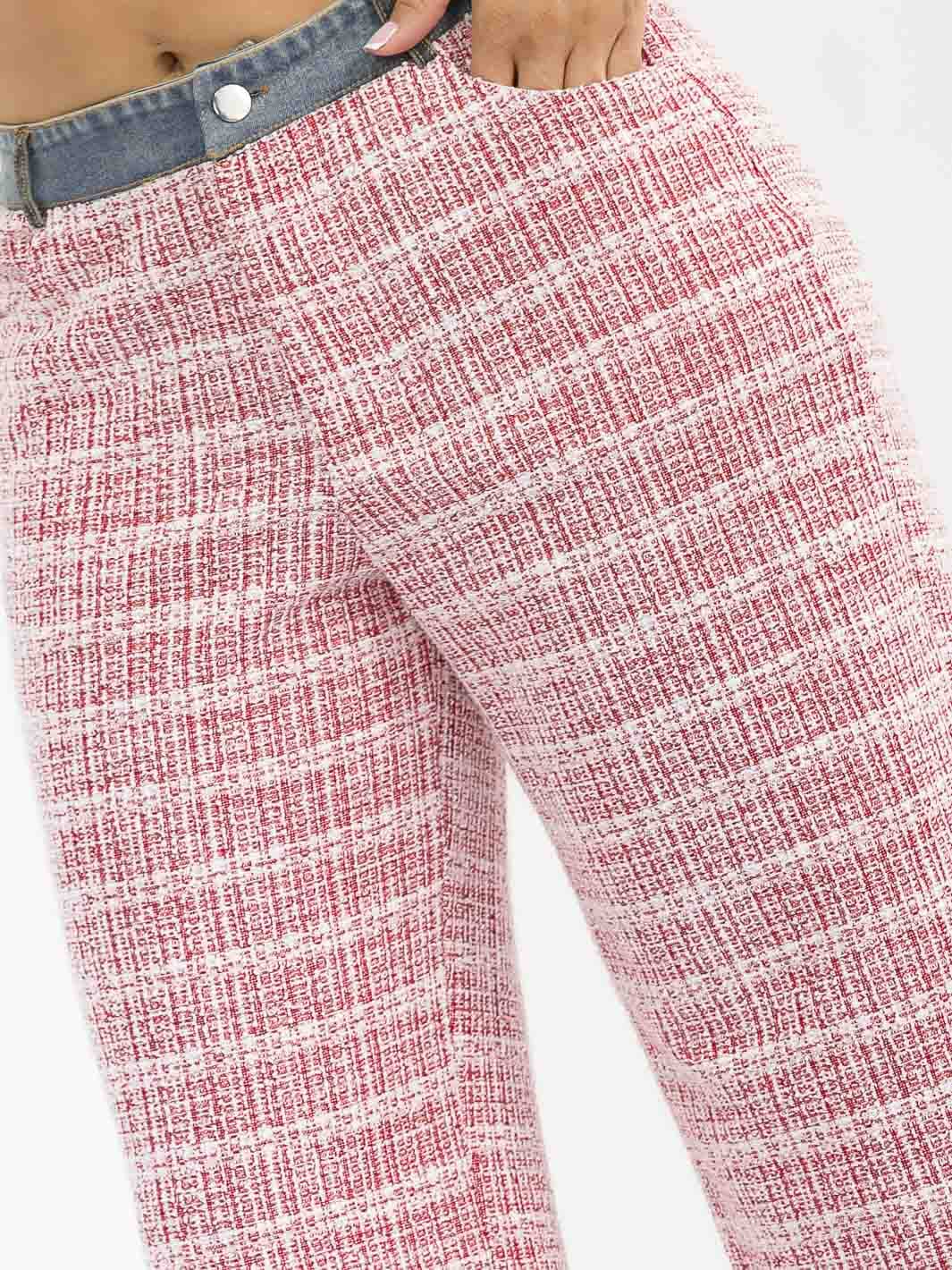 WOMEN'S BUTTON CLOSURE POCKETS DENIM TWEED CONTRAST WIDE LEG PANTS