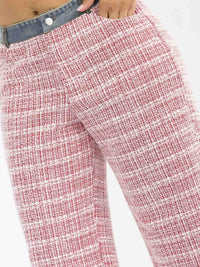 WOMEN'S BUTTON CLOSURE POCKETS DENIM TWEED CONTRAST WIDE LEG PANTS