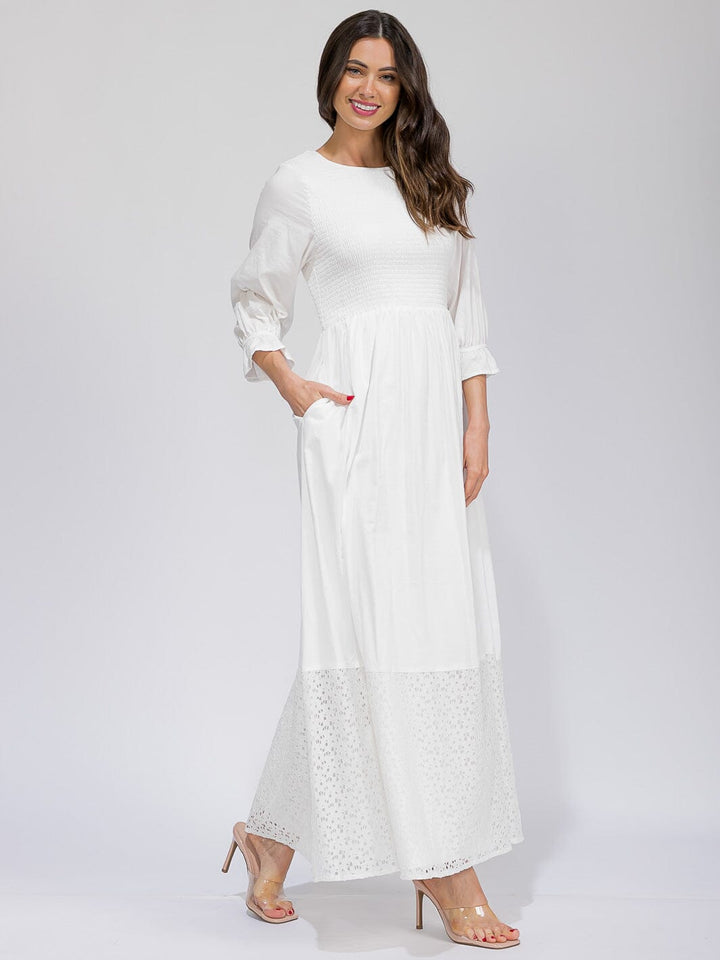 WOMEN'S 3/4 SLEEVES SMOCK FORNT POCKETS DETAILED BOTTOM HEM MAXI DRESS