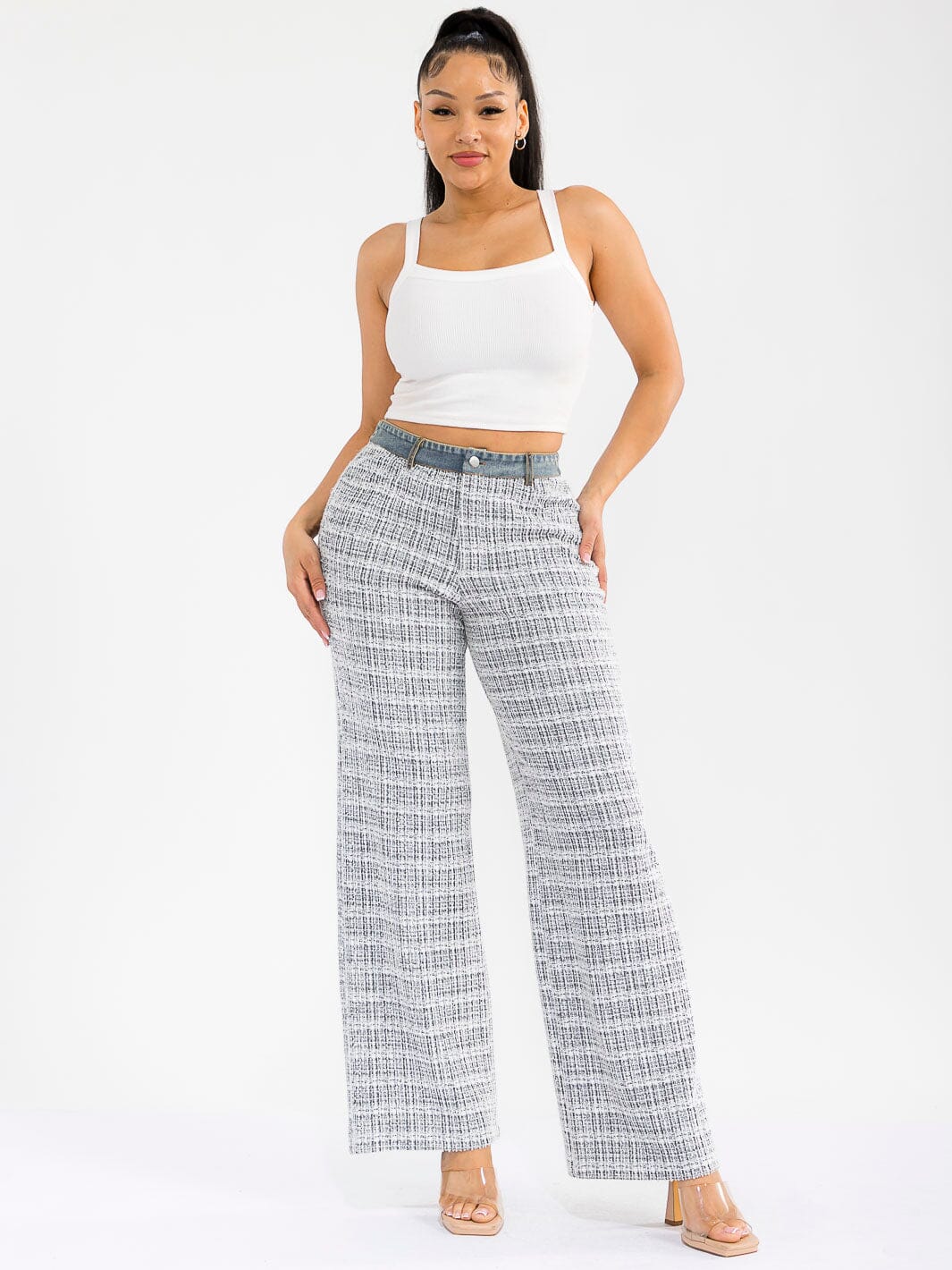 WOMEN'S BUTTON CLOSURE POCKETS DENIM TWEED CONTRAST WIDE LEG PANTS