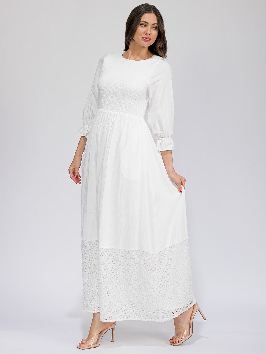 WOMEN'S 3/4 SLEEVES SMOCK FORNT POCKETS DETAILED BOTTOM HEM MAXI DRESS