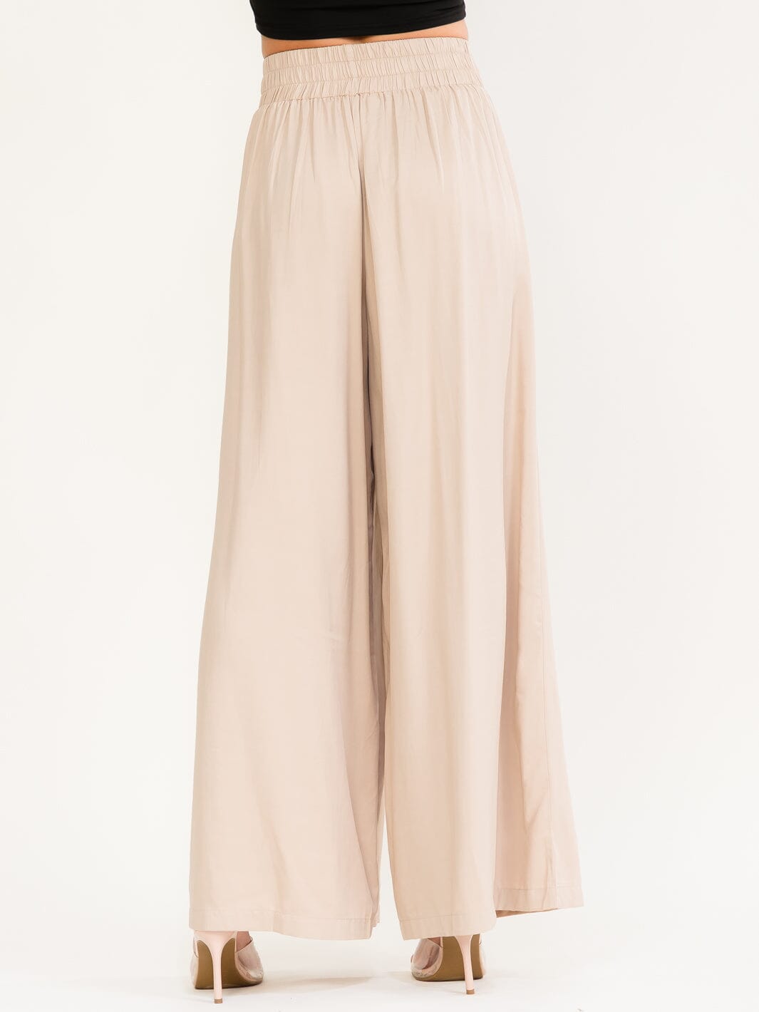 WOMEN'S ELASTIC WAIST FRONT POCKETS LACE UP DETAILED WIDE LEG PANTS