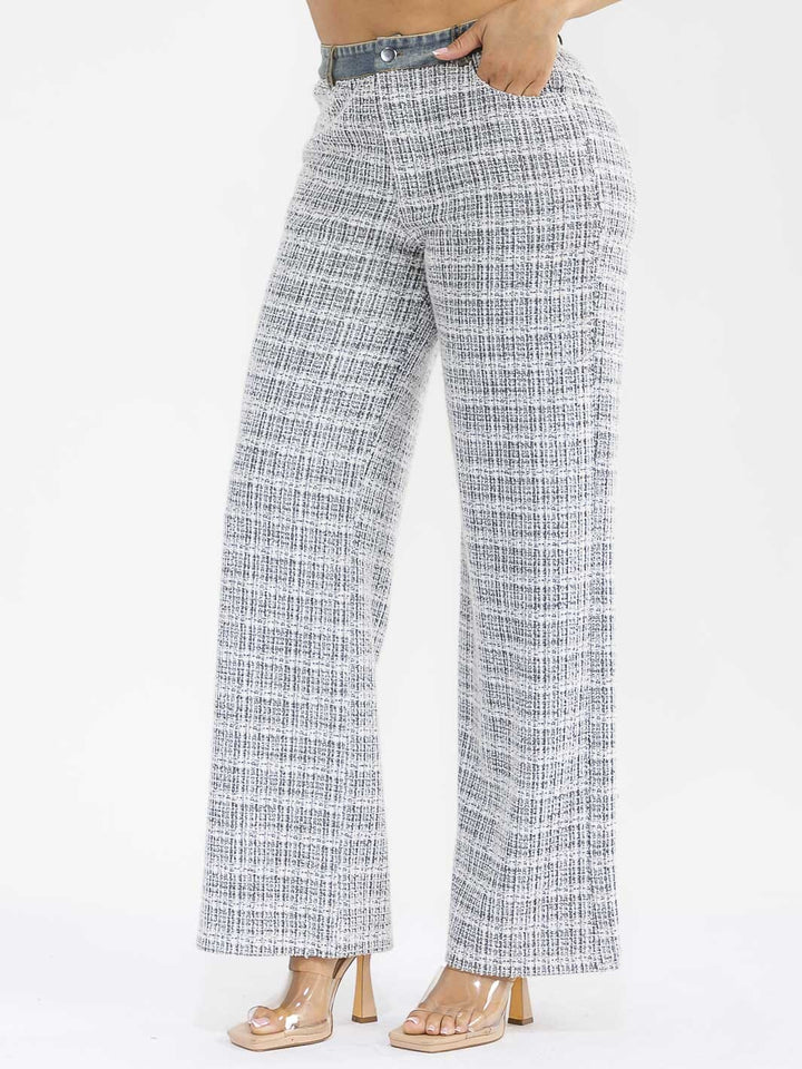 WOMEN'S BUTTON CLOSURE POCKETS DENIM TWEED CONTRAST WIDE LEG PANTS