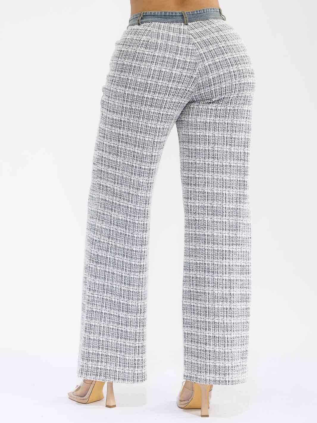 WOMEN'S BUTTON CLOSURE POCKETS DENIM TWEED CONTRAST WIDE LEG PANTS