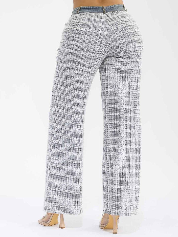 WOMEN'S BUTTON CLOSURE POCKETS DENIM TWEED CONTRAST WIDE LEG PANTS