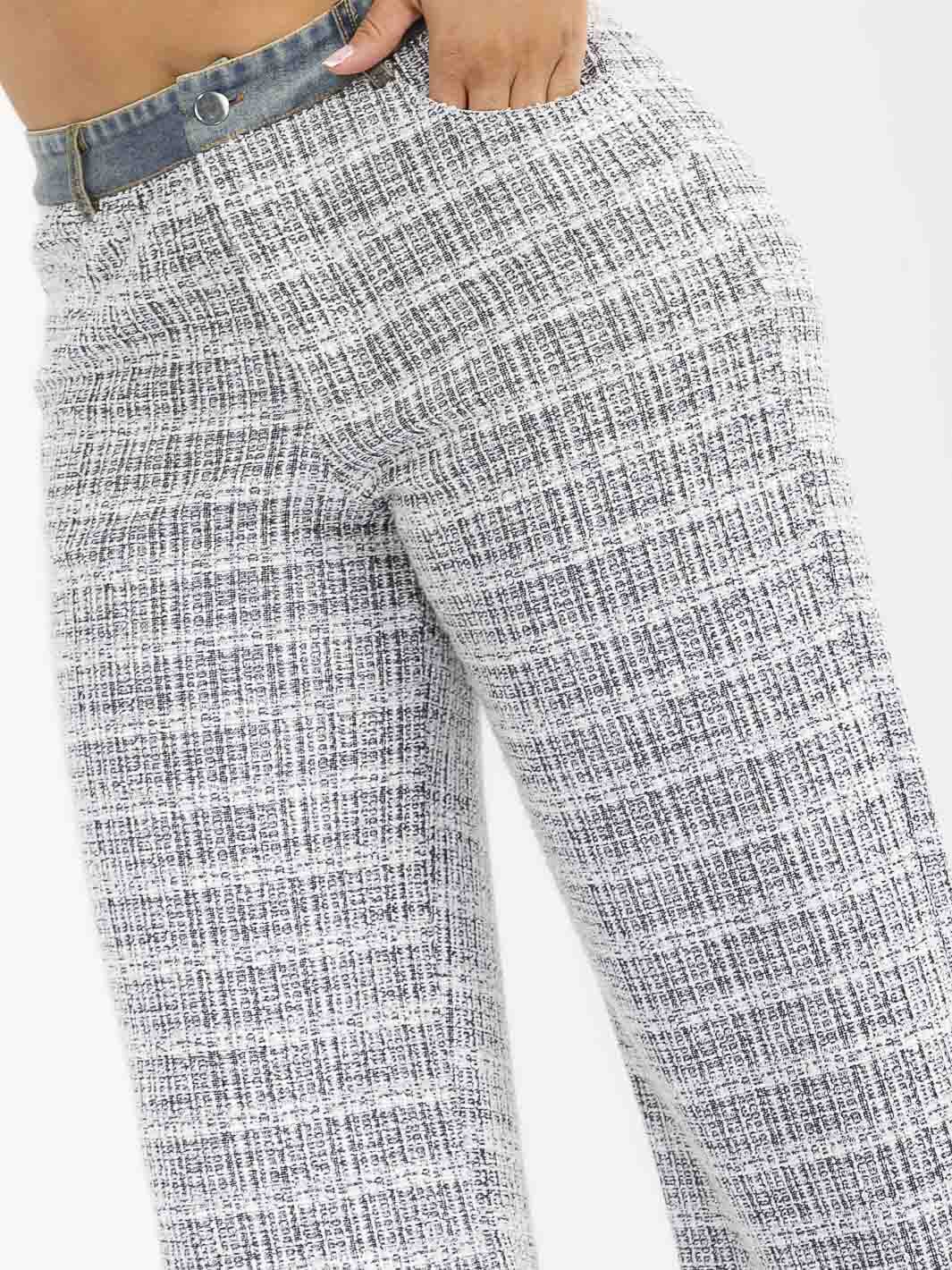 WOMEN'S BUTTON CLOSURE POCKETS DENIM TWEED CONTRAST WIDE LEG PANTS