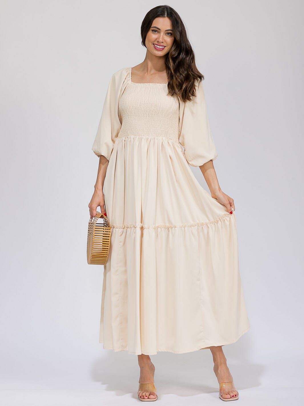 WOMEN'S 3/4 SLEEVES SMOCK FRONT POCKET TIERED MAXI DRESS