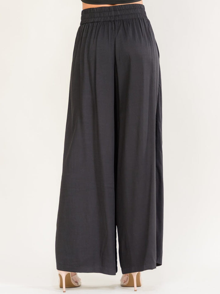 WOMEN'S ELASTIC WAIST FRONT POCKETS LACE UP DETAILED WIDE LEG PANTS