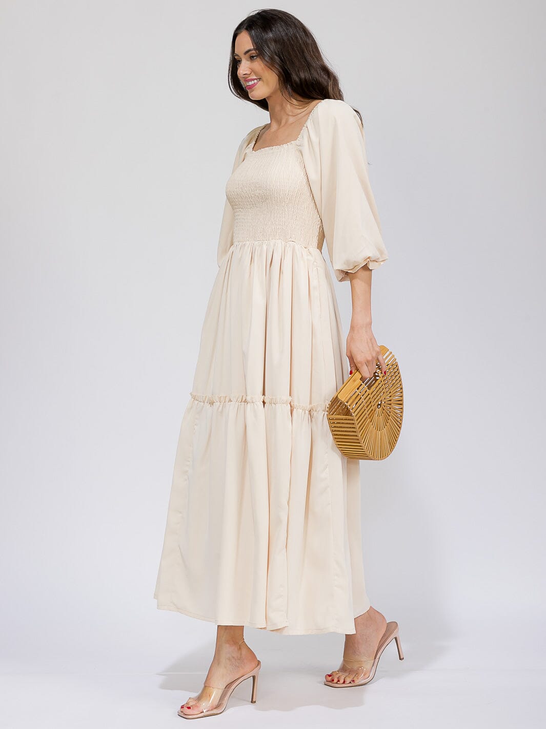 WOMEN'S 3/4 SLEEVES SMOCK FRONT POCKET TIERED MAXI DRESS
