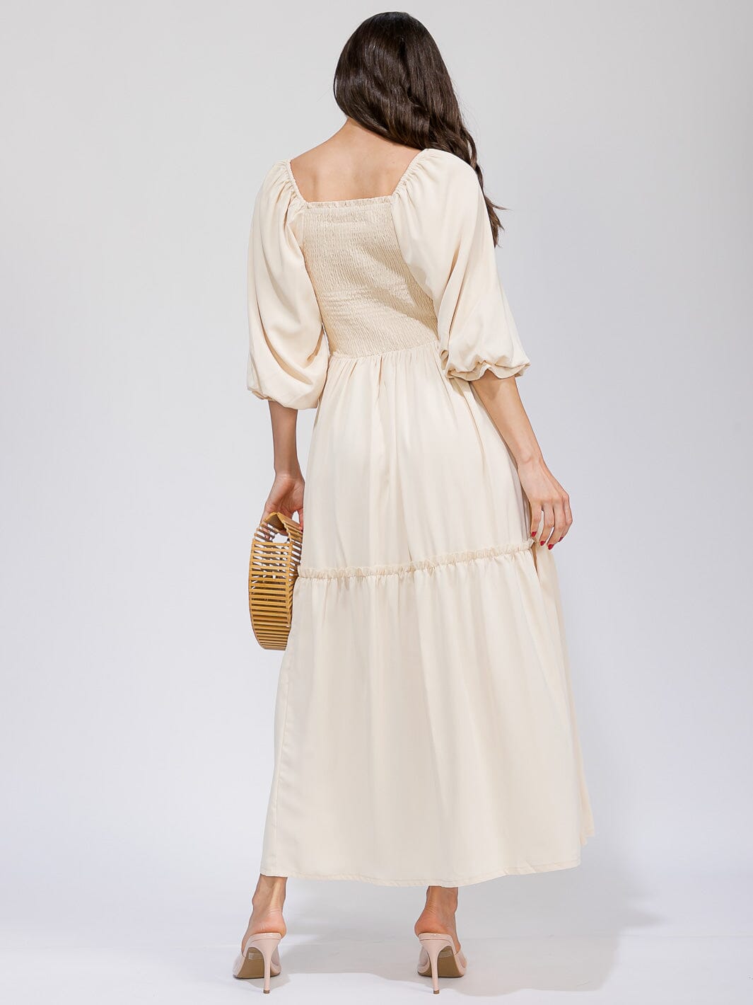 WOMEN'S 3/4 SLEEVES SMOCK FRONT POCKET TIERED MAXI DRESS